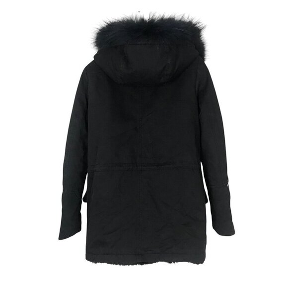 Maje Black Fur trimmed Hood & Faux Fur Lining Coat With Silver Zippers Size S - Picture 5 of 8